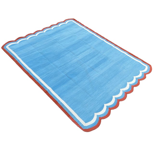 Sky Blue Handmade Cotton Area Rug Natural Vegetable Dyed Flat Weave Sky Blue Scalloped Rug Terracotta Border - 10'x14' For Sale - Image 8 of 11