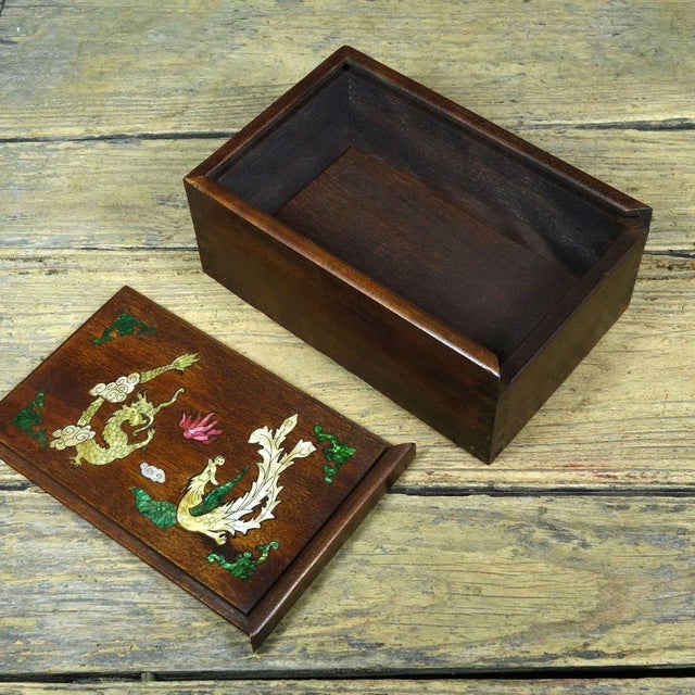 Shell Vintage Rosewood Box With Mother-of-Pearl Dragon & Phoenix Inlay For Sale - Image 7 of 9