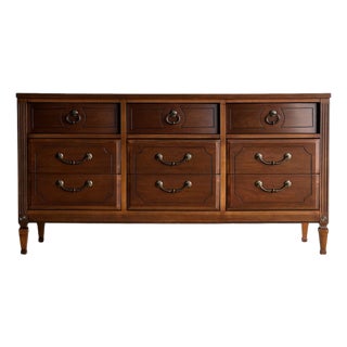 Vintage Ward Walnut Nine-Drawer Triple Dresser With Fluted Details For Sale