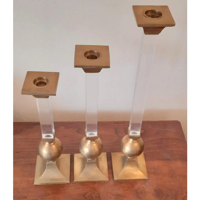 Vintage Xl Brass and Lucite Candlesticks Set 3 Candle Holders For Sale In Fayetteville, AR - Image 6 of 13