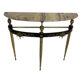 Mid-Century Modern Console Table in Brass with Lacquered Beech and Marble, 1950s For Sale