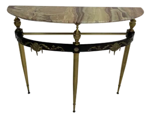 Mid-Century Modern Console Table in Brass with Lacquered Beech and Marble, 1950s