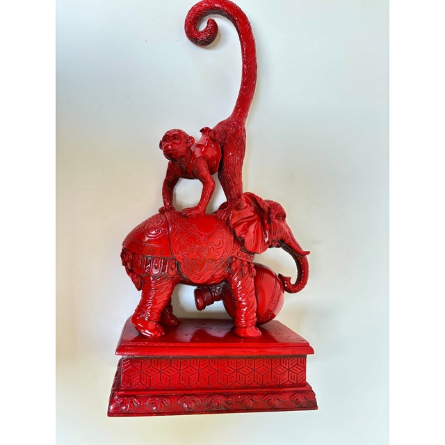 Hollywood Regency Chinoiserie Red Elephant & Monkey Sculpture Glossy Resin 1970s For Sale - Image 15 of 15