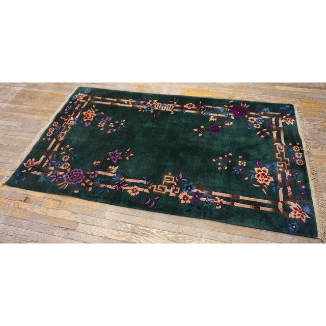 Textile 1920s Green Bamboo Floral Antique Chinese Art Deco Rug 4'2" X 7' Knotted Wool Carpet For Sale - Image 7 of 15