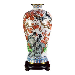 Large Vintage Cloisonné Enamel Meiping Vase – Magpie & Plum Blossom Motif, Attributed to Dai Jialin For Sale