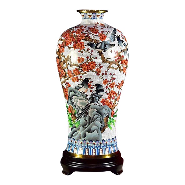 Large Vintage Cloisonné Enamel Meiping Vase – Magpie & Plum Blossom Motif, Attributed to Dai Jialin For Sale