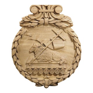 Bleached Antique Oak Carved Panel, the Paschal Lamb With Laurel Wreath, 19th C. For Sale