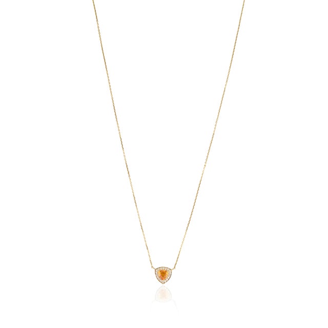 Metal 14k Yellow Gold Trillion-Cut Citrine & Diamond Halo Pendant Necklace by VRJewels For Sale - Image 7 of 17