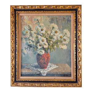 Kadar Bela Signed Original Oil on Canvas Painting - White Daisies in a Red Vase