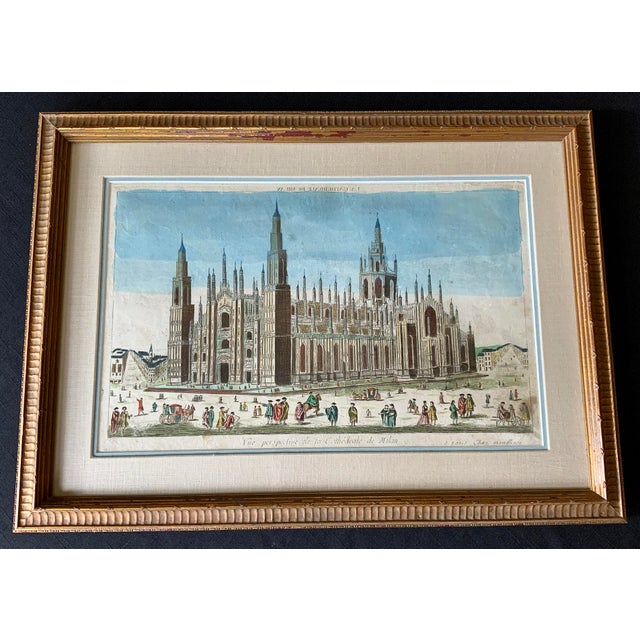 View Perspective of the Cathedral of Milan Hand Colored Copper Engraving. Matted Carved Gilt Wood Frame. Printer Louis-...
