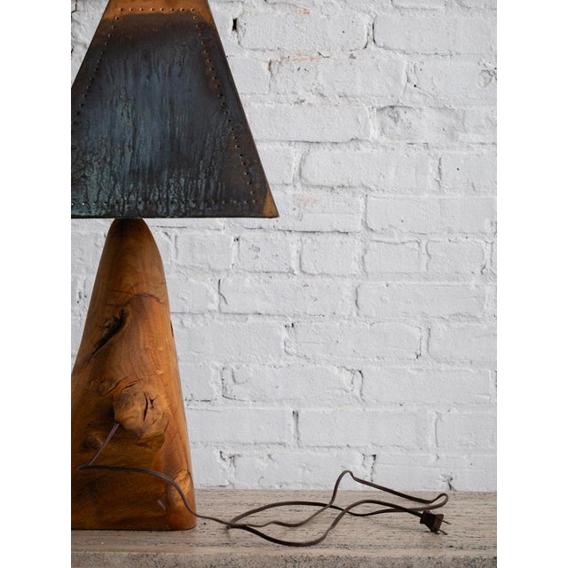 Live Edge Wood Lamp With Verdigris Punched Copper Shade For Sale In New York - Image 6 of 8