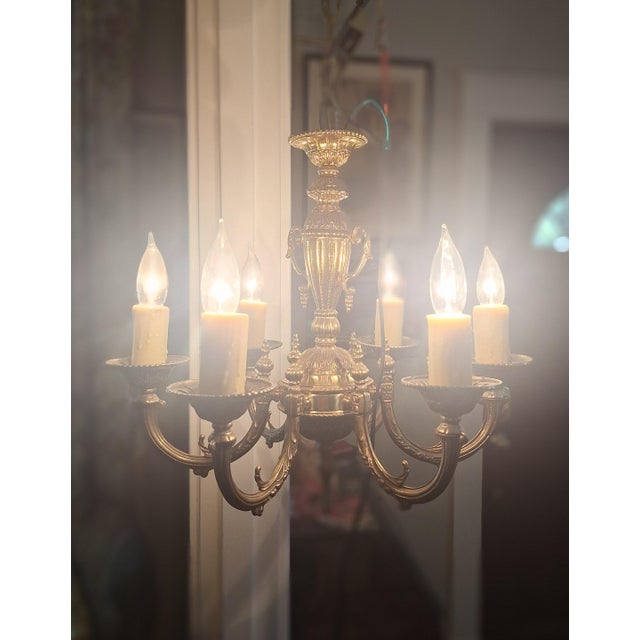 1990s French Empire Style 6 Arm Solid Brass Chandelier For Sale - Image 9 of 10