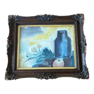 Framed Original Welsh Watercolor "Blue Pot" by Welsh Artist Pandora Allin in Victorian Oak Frame For Sale