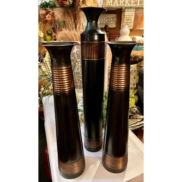 Vintage Trio of Rustic Bronze Metal Vases With Ribbed Copper Accents For Sale - Image 4 of 6