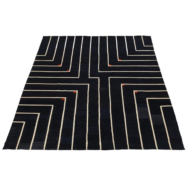 Cream Modern Geometric Kilim Wool Rug With Architectural Line Art & Crimson Accents For Sale - Image 8 of 12