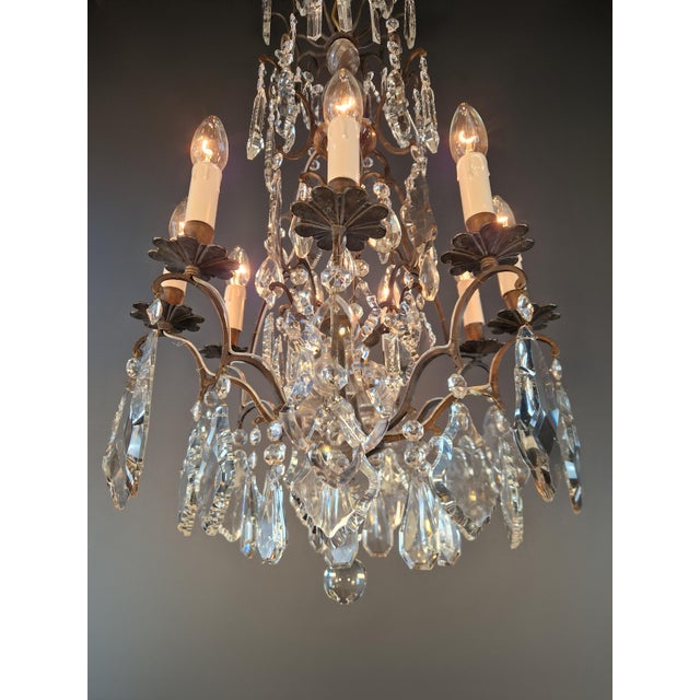 Antique French Gothic Revival Brass Crystal Chandelier Tall 9 Light For Sale - Image 4 of 7
