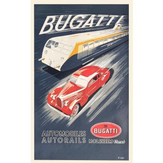 1938 Bugatti Automobiles Poster 1980s Lithograph Reissue For Sale