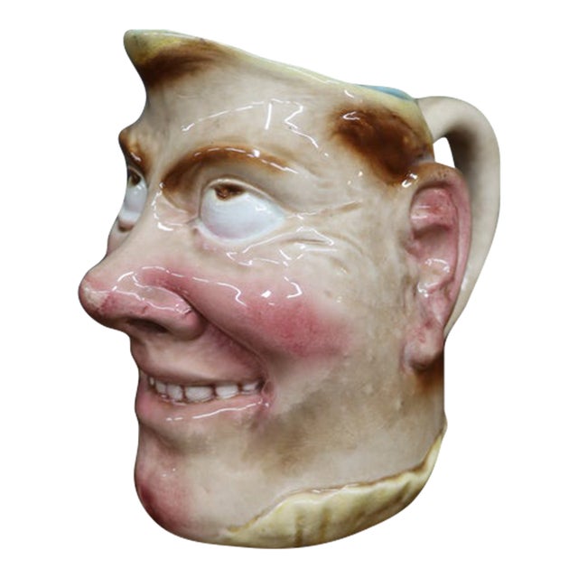 Early 20th Century Sarreguemines French Majolica Character Face Pitcher For Sale