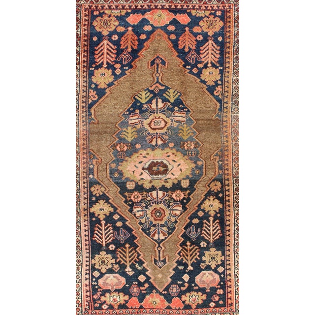 Tribal Medallion Design Antique Persian Serab Rug in Camel and Shades of Blue For Sale - Image 4 of 13