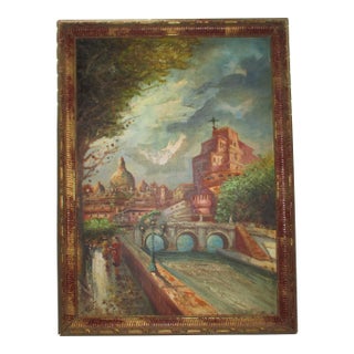 Vintage Painting on Canvas of St. Peter's Basilica in Gold & Red Frame For Sale