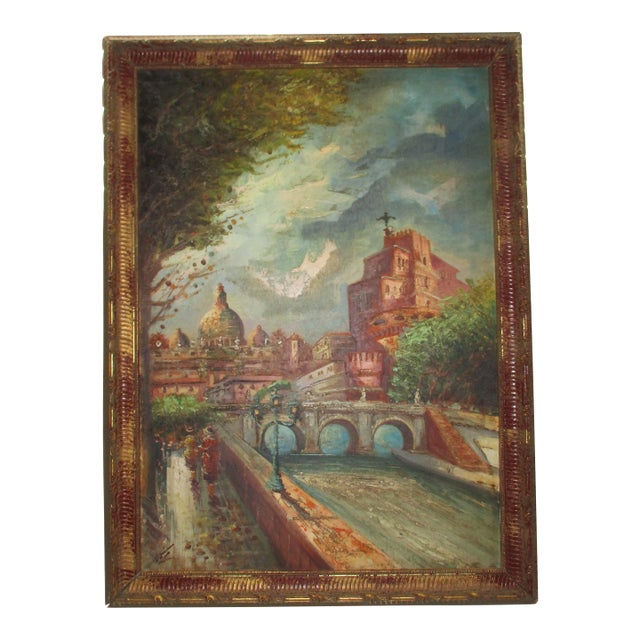 Vintage Painting on Canvas of St. Peter's Basilica in Gold & Red Frame For Sale