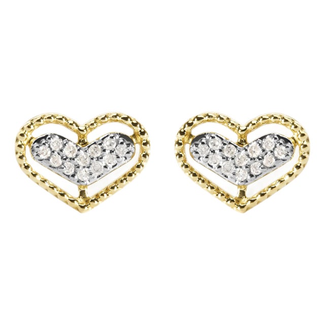 10K Yellow Gold 1/10 Cttw Diamond Heart and Beaded Halo Stud Earrings, A Pair For Sale