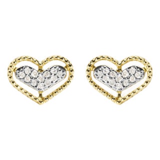10K Yellow Gold 1/10 Cttw Diamond Heart and Beaded Halo Stud Earrings (I-J Color, I1-I2 Clarity) For Sale
