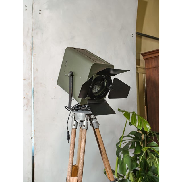 Vintage green 1960s strand electric patt 45 theatre light on a wooden surveying tripod | industrial floor lamp, retro...
