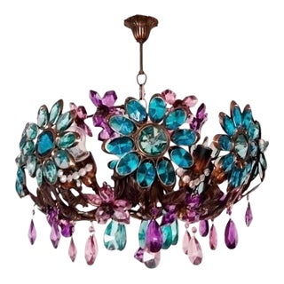 Large Vintage Chandelier Crystal Antique Different Daisy Colourful Hand Painted 8 Lamps Bohemian Light For Sale