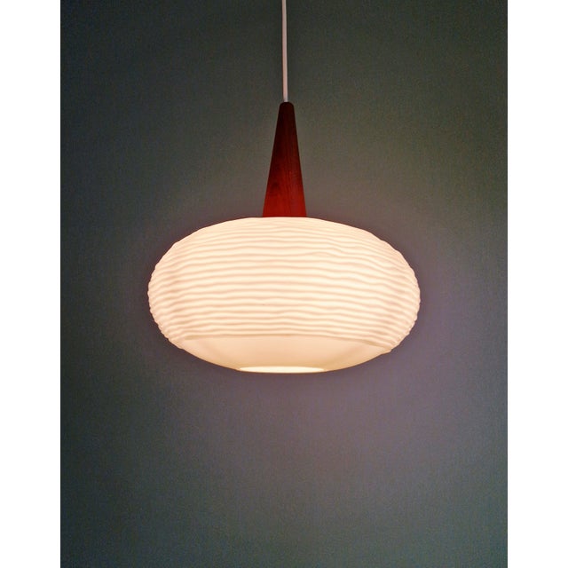 Vintage Pendant Light in White Opaline and Teak, 1960 For Sale - Image 9 of 12