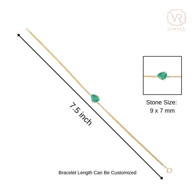 14k Yellow Gold 1.85Ct Emerald Solitaire Teardrop Curb Chain Bracelet For Sale - Image 11 of 15