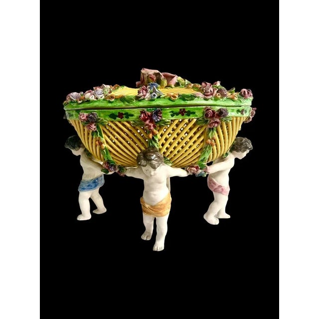 Divine Rare Vintage Find Italian Open Weave Lattice Centerpiece Bowl with Lid and Putti. Beautifully hand painted ceramic...