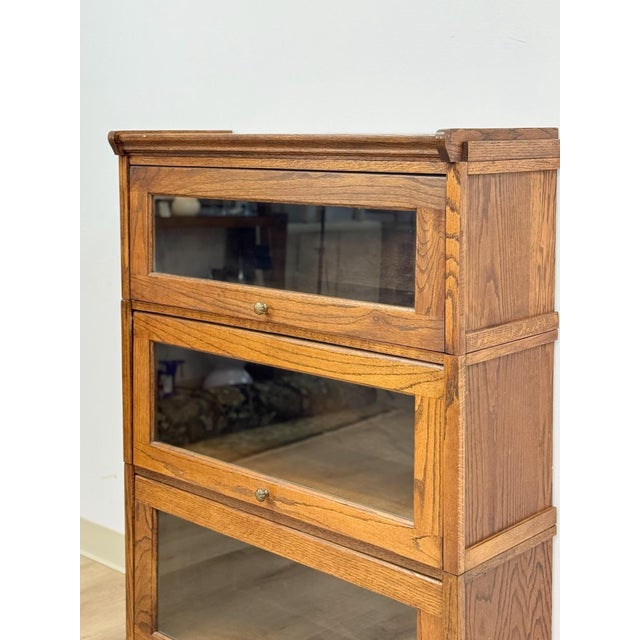 Brown Vintage Bookcase Three Stack Oak Barrister Glass Door Traditional Shelf For Sale - Image 8 of 15