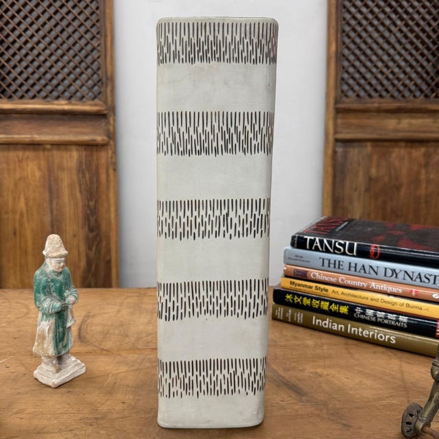 Square Shaped Cream Ceramic Vase with Black Stripes For Sale - Image 4 of 11