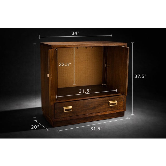 Mid 20th Century Drexel Mid 20th Century Architectural Walnut Cabinet With Geometric Facade & Pocket Doors For Sale - Image 5 of 10