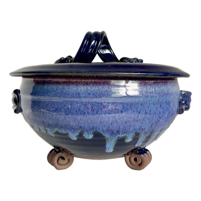 1970's Fabrile Studios Blue Glazed Lidded Pottery Dish For Sale
