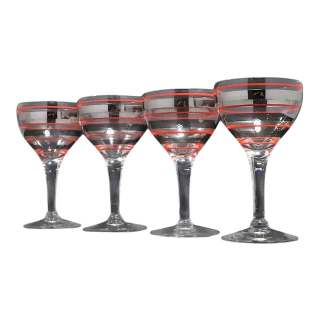 Mid-Century Red Pinstripes Wine Glasses - Set of 4 For Sale