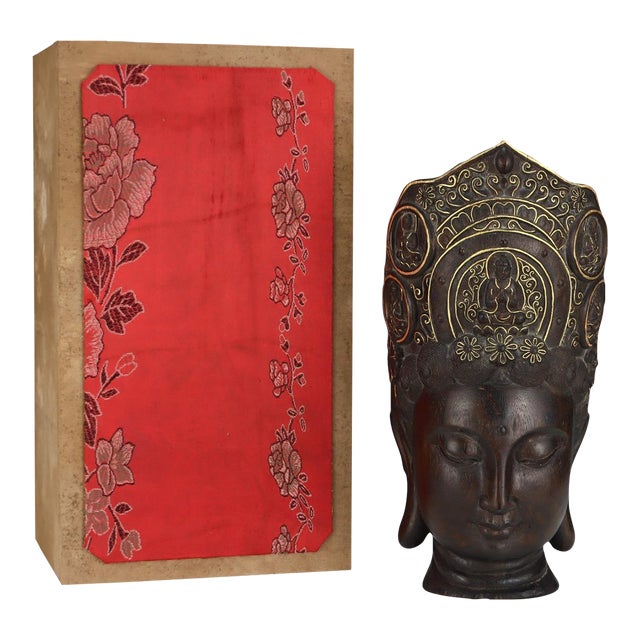 Mid 20th Century Hand-Carved Agarwood Guanyin Buddha Head – Gilded & Polychrome Chen Xiang Wood Sculpture For Sale