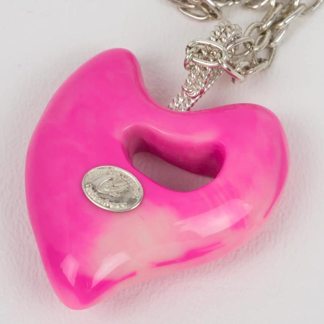 Christian Lacroix Chain Necklace with Pink Resin Heart Medallion For Sale - Image 9 of 11