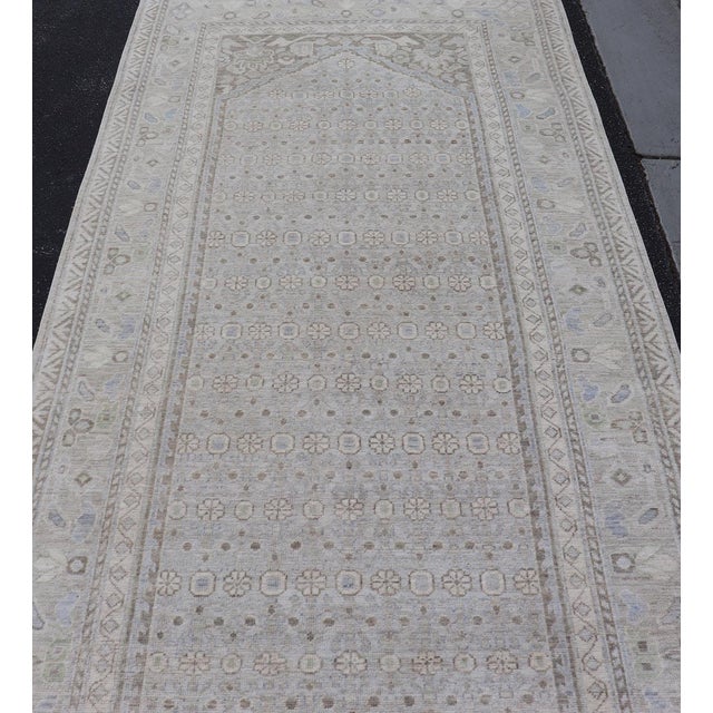 Tribal Elegant Large Khotan Gallery Runner in Soft Gray With Subtle Ivory 5'1 X 17'9 For Sale - Image 3 of 11
