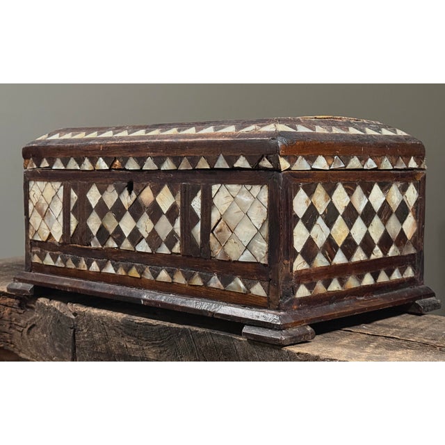 Folk Art Antique Folk Art Mother of Pearl Inlaid Hand Carved Footed Table Box For Sale - Image 3 of 12