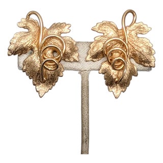 Vintage 1950s Signed Napier Goldtone Leaf With Curled Stem Clip Earrings-2 Pieces For Sale