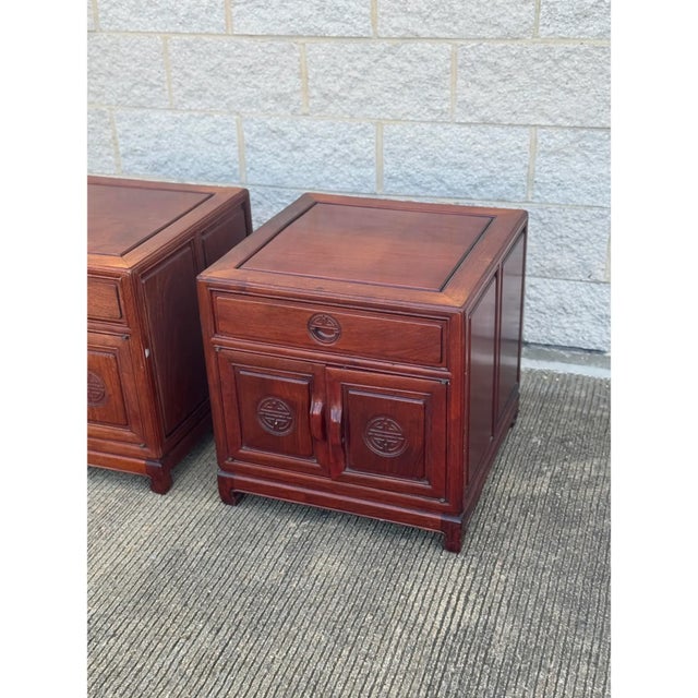 Mid 20th Century Pair of Vintage Ming-Style Rosewood Nightstands With Carved Medallion Doors For Sale - Image 4 of 11