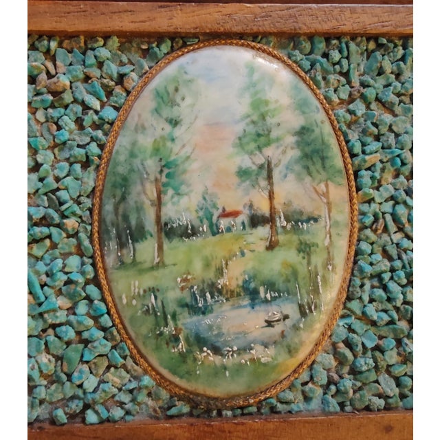 1960s 1960s Vintage Mid Century Trinket Box With Turquoise Chips + Hand Painted Porcelain For Sale - Image 5 of 11