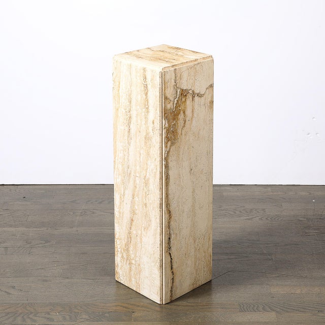 Beige Mid-Century Modernist Rectilinear Travertine Pedestal With Stepped Detailing For Sale - Image 8 of 18