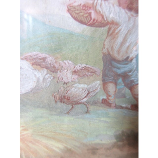 Antique Original 1869 Feeding Child Feeding Chicken Gouache Watercolor Painting For Sale - Image 9 of 11