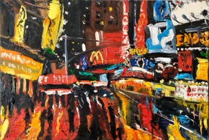 Simon Gaon, Vibrant New York City Times Square, Figural Abstract Expressionist Oil Painting