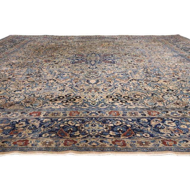 English Antique Persian Mashhad Rug, 12'09 X 14'11 For Sale - Image 3 of 11