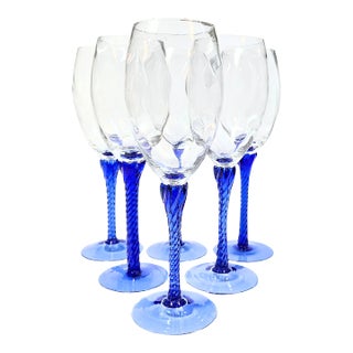 Twisted Cobalt Stem Goblets- Set of Six For Sale