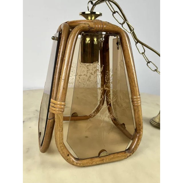 Wood Bamboo and Hand-Engraved Murano Glass Chandelier, Italy, 1950s For Sale - Image 7 of 10